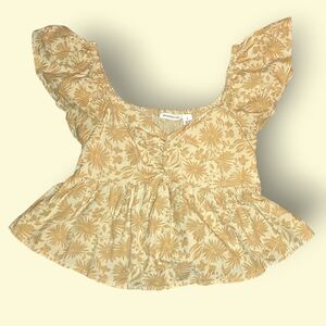 L - Light Yellow Floral Peplum Smocked Back Blouse by Midnight Sky